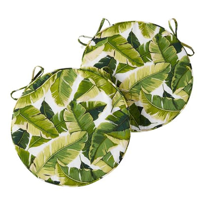 Set of 2 Outdoor 18 inch Round Patio Dining Chair Pads – Comfortable Fiber-Filled Seat Cushions with Ties, Reversible Polyester Fabric, Palm Leaves White - color: Palm Leaves White