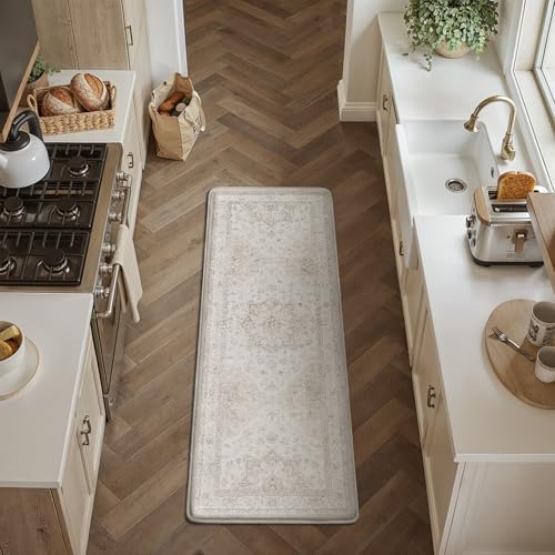 Kitchen Mats for Floor Anti Fatigue Cushioned Beige Vintage Kitchen Mats Waterproof Non Slip Comfort Standing Oriental Medallion Runner Rug for Sink Laundry Office Bathroom 17.3"x59" - color: Distressed | Beige, size: 17.3"x59"--0.4inch