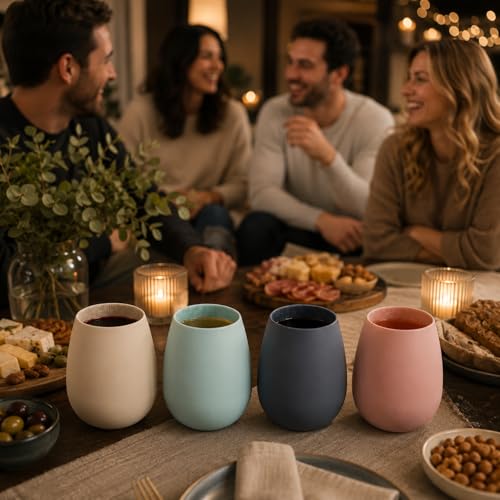 Unbreakable Silicone Stemless Wine Glassware | Set of 4 | Reusable & Shatterproof Tumbler Drinkware for Wine, Water, Cocktails, Champagne Glass for Parties, Beaches, Boats (Pink, Black, Blue, Tan) - color: Multicolor