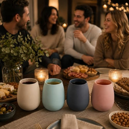 Unbreakable Silicone Stemless Wine Glassware | Set of 4 | Reusable & Shatterproof Tumbler Drinkware for Wine, Water, Cocktails, Champagne Glass for Parties, Beaches, Boats (Pink, Black, Blue, Tan) - color: Multicolor