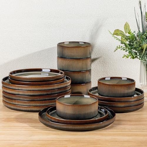Ceramic Dinnerware Set for 6, 18-Piece Plates and Bowls Set | Lightweight Porcelain Dish Set, Scratch Resistant, Oven & Microwave & Dishwasher Safe, Cocoa Mocha - color: Cocoa Mocha, size: Set (18pcs)