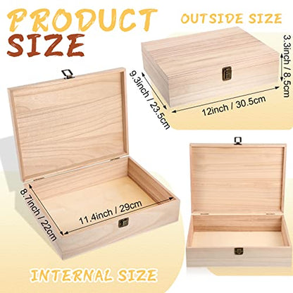Yookeer 4 Pcs Unfinished Wooden Boxes with Hinged Lid and Front Clasp Rectangle Wood Storage Box Natural DIY Craft Stash Bins for Gift Hobbies Keepsake Home Arts 12 x 9.25 x 3.35 Inch