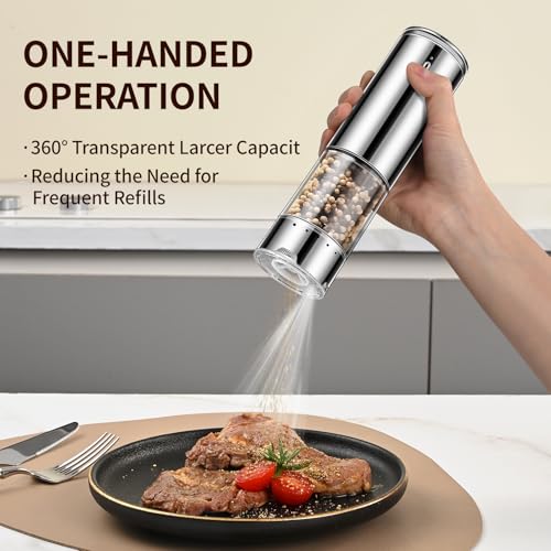 Electric Rechargeable Salt and Pepper Grinder Set - Automatic Grinder, External Adjustable Coarseness, LED Light, One-Hand Operation, Stainless Steel & Acrylic, USB Charging, Silver (Set of 2) - size: Silver