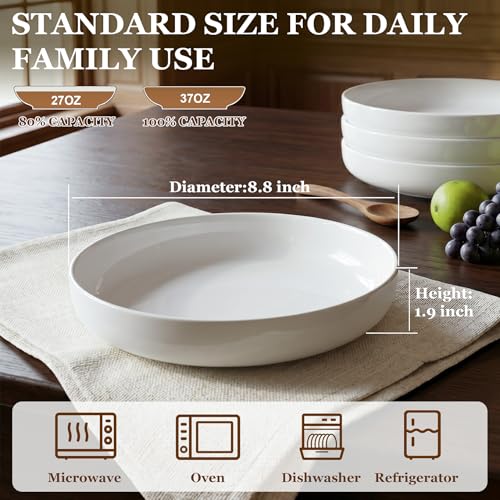Pasta Bowls Set of 6, 8.8" 37oz Salad Serving Bowls | White Ceramic Soup Bowls Wide and Shallow Plate Bowls Set,Microwave and Dishwasher Safe,Gift Packaging