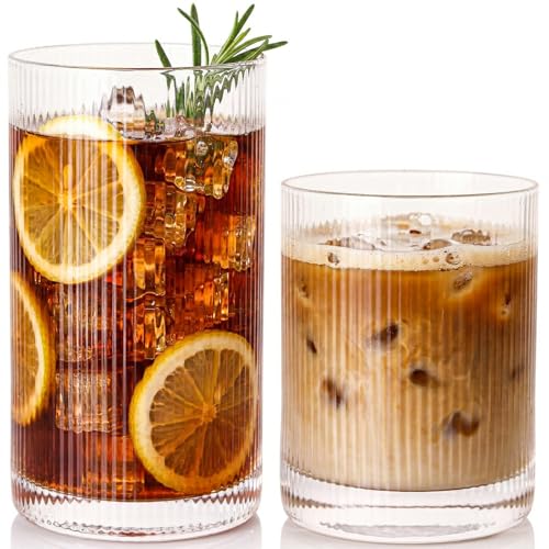 JOVGANK Drinking Glasses Set of 8 – Lead-Free Crystal Glassware, 4 Tall 15oz & 4 Short 10oz Vintage Ribbed Tumbler Glasses, Dishwasher Safe, for Juice Beer Cocktails, Great Housewarming Gift, Set A - style: H