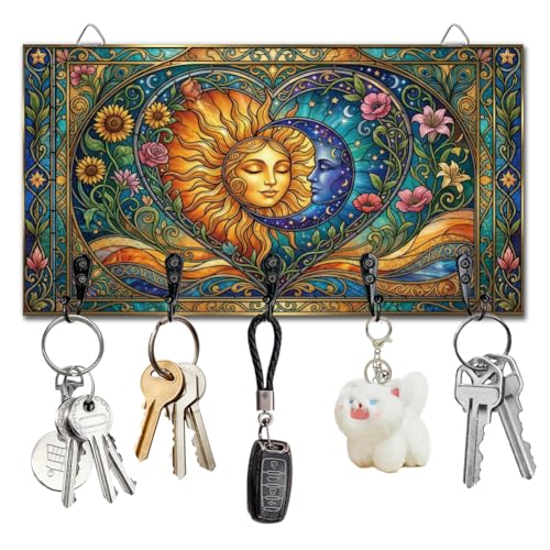 Sun Moon Key Holder Stars Flowers Key Hooks Organizer Hanger Rack Wall Mounted Wooden Key Rack with 5 Key Hooks for Home Entryway Front Door Kitchen Hallway Bedroom Wall Decor - color: Sun moon