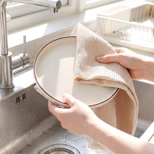 3 Pcs Waffle Kitchen Towels with Tassels Beige Absorbent 100% Cotton Turkish Dish Towels Decorative Boho Farmhouse for Drying Dishes & Home Decoration, 17.7 x 27.6inch