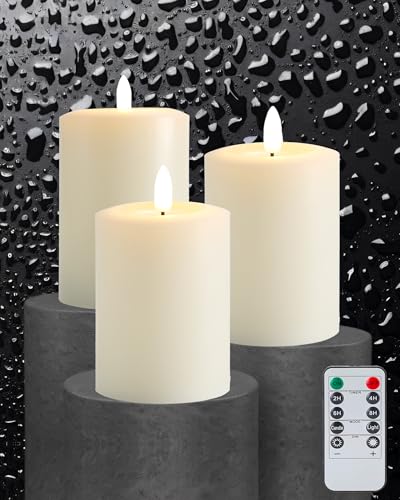 Gmnee 3"x5" Flickering Flameless Candles with Remote Timer, LED Candles | Set of 3 Ivory Battery Operated Candles, Fake Pillar Candles for Fireplace, Centerpiece and Rustic Decor (Real Wax) - color: Ivory - D3"H5"