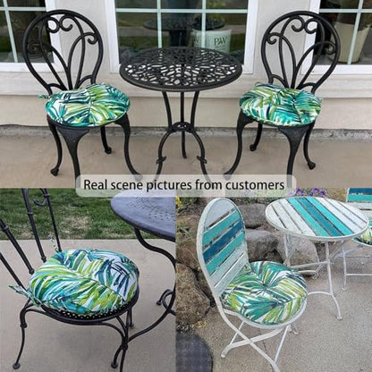 Magpie Fabrics 15" Round Bistro Seat Cushions with Ties, Set of 2, Waterproof All Weather Tufted 4" Thick Patio Chair Pads for Home Garden Dining Metal Stool - Green Palm Leaves - color: A Green Palm Leaves