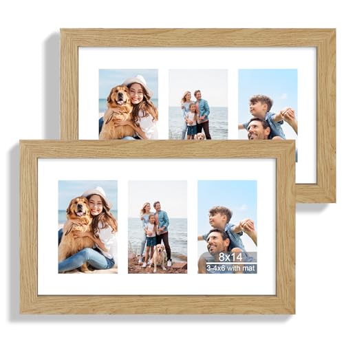 Hongkee 8x14 Picture Frame Set of 2, Natural Oak Wood Frame with Glass Collage Frame, Display Pictures 3-4x6 With Mat or 8 x 14 Without Mat - Horizontal or Vertical Wall Mounting - color: Natural Oak, size: 8x14 in matted to 3-4x6