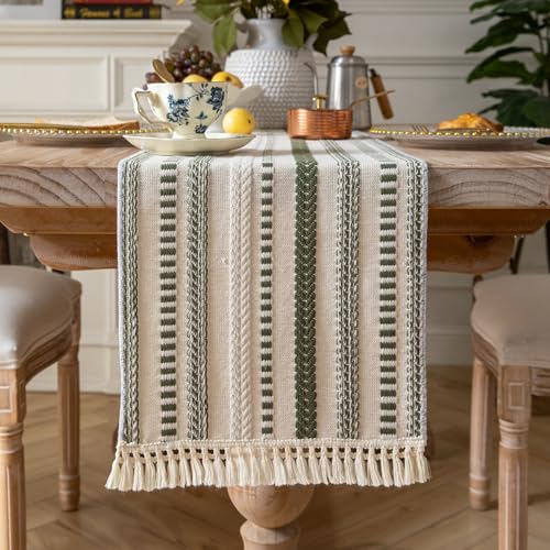 Caflife Boho Table Runner 60 Inchs Long, Green and Beige Cotton Linen Blend Woven Modern Rustic Farmhouse Decorative Dresser and Coffee Table Runner for Kitchen, Dining Room Home Decor - color: Green, size: 13x60Inch