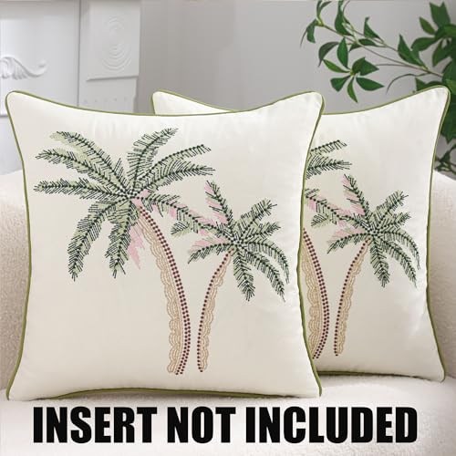 Embroidered Throw Pillow Covers 18x18 Pack of 2 Green and Pink | Coconut Trees,Durable Fabric,Square Pillow Cover,Boho Decorative,Hidden Zipper,Aesthetic Design,Ideal Gift,Machine Washable - color: Green Pink Coconut Trees