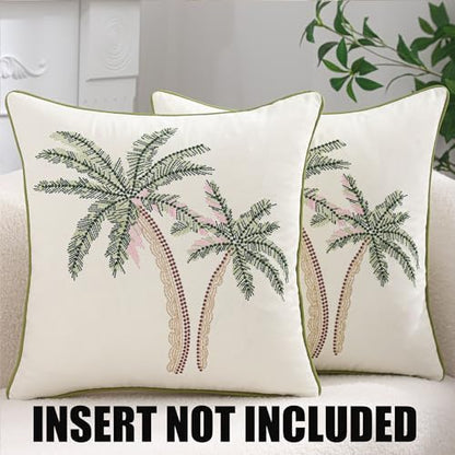 Embroidered Throw Pillow Covers 18x18 Pack of 2 Green and Pink | Coconut Trees,Durable Fabric,Square Pillow Cover,Boho Decorative,Hidden Zipper,Aesthetic Design,Ideal Gift,Machine Washable - color: Green Pink Coconut Trees