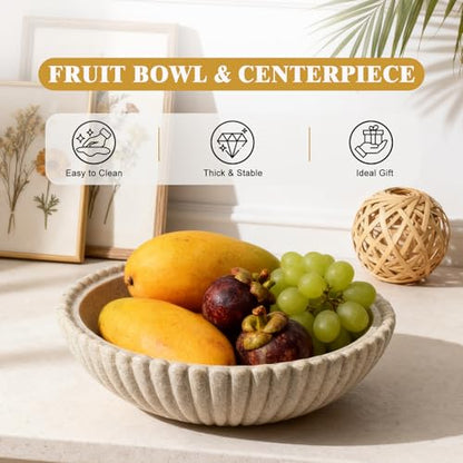 Large Resin Decorative Bowl 12 Inch, Fruit Bowl Sandstone Ruffle Key Bowl for Coffee Table Shallow Centerpiece Bowl Catch All Bowl for Kitchen Counter, Entryway, Living Room - size: 12 Inch