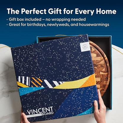 Sonder Los Angeles Vincent End Grain Teak Cutting Board, Round 15x15x1.5 in | Non-toxic, Juice Groove, Butcher Block, Perfect for Pizza & Charcuterie, Built-in Handles, Gift Box Included, 6 lbs - color: Vincent | Teak | End Grain