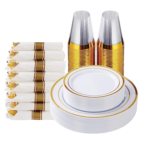 175 Piece Gold Plastic Dinnerware Set for 25 Guests | Disposable Dinnerware Includes: 25 Dinner Plates, 25 Dessert Plates, 25 Pre Rolled Napkins with Gold Silverware, 25 Cups - color: Gold, style: 175 Piece (25 guests)