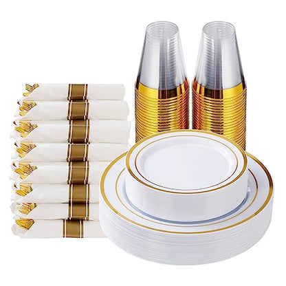 175 Piece Gold Plastic Dinnerware Set for 25 Guests | Disposable Dinnerware Includes: 25 Dinner Plates, 25 Dessert Plates, 25 Pre Rolled Napkins with Gold Silverware, 25 Cups - color: Gold, style: 175 Piece (25 guests)