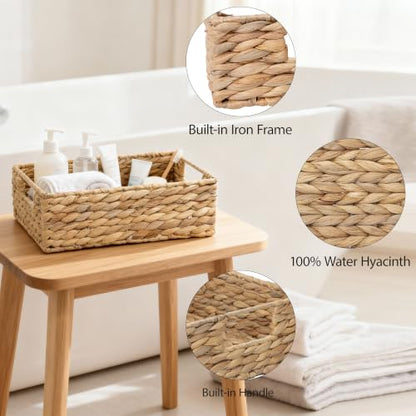 Water Hyacinth Storage Basket - Small Rustic Rectangle Woven basket Organizer with Handle for Home & Office Decor (Hyacinth) - style: Hyacinth
