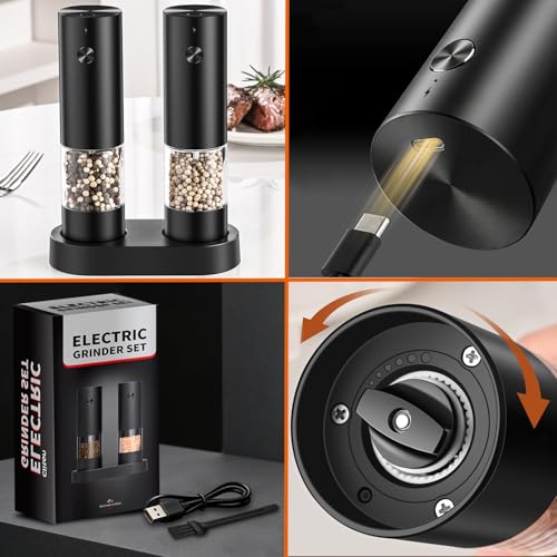 Electric Salt and Pepper Grinder Set - Rechargeable Automatic Salt and Pepper Shakers, Upgraded Larger Capacity with Storage Base, Home and Kitchen Appliances Birthday Gifts for Women Mom (Black)