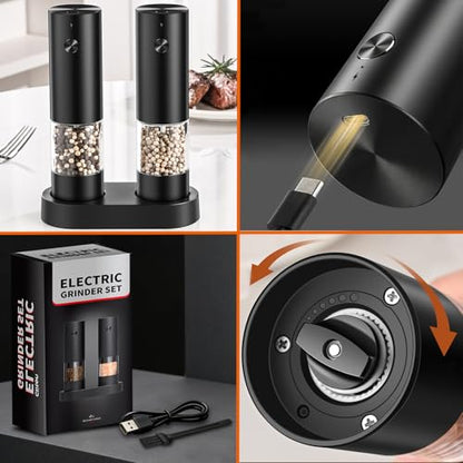 Electric Salt and Pepper Grinder Set - Rechargeable Automatic Salt and Pepper Shakers, Upgraded Larger Capacity with Storage Base, Home and Kitchen Appliances Birthday Gifts for Women Mom (Black)