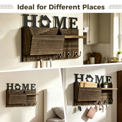 Key and Mail Holder for Wall, Wall Mount with Shelf and 7 Hooks, Rustic Farmhouse Wooden Entryway Organizer, for Hallway Kitchen Decorative