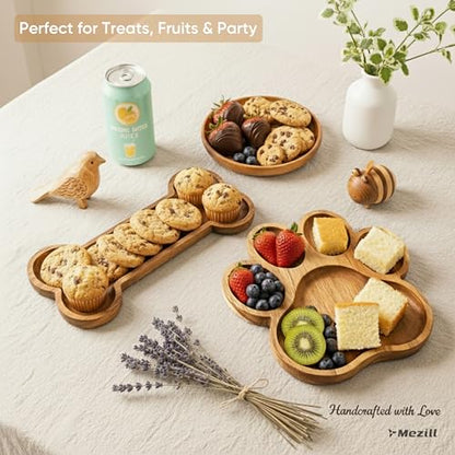 Cute Wooden Serving Tray – Handcrafted Acacia Decorative Paw Bone Platter for Pets & Human, Food-Safe Snack Board with Unique Wood Grain, Cute Pawprint Gift for Dog Lovers, Parties & Home Decor