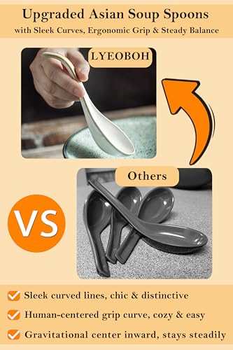 LYEOBOH Asian Soup Spoons, 6.5 inch Ceramic Soup Spoon Set of 6, Dinner Spoons with Deep Hook for Home, Kitchen, Dishwasher & Microwave Safe, Farmhouse Style, Beige - color: Beige