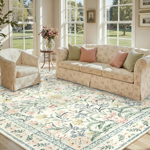 Lahome Sylvie Boho Rugs for Living Room, Washable Large 8 x 10 Area Rugs for Bedroom Non Slip, Soft Ultra-Thin Distressed Floral Throw Carpet for Office Dining Room, Cream/Multi - color: Beige, size: 8' x 10' (Rectangular)