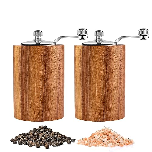 Acacia Wood Salt and Pepper Grinder Mills Sets,Wooden Shakers with Adjustable Ceramic Core,Classic Manual Salt Grinder Refillable Pepper Mill Set with a Gear Crank System for kitchen Spice