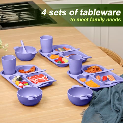 Honoson 24 Pcs Wheat Straw Dinnerware Cutlery Set, Service for 4, Unbreakable Plates and Bowls Set - Divided Plates, Bowls, Spoons, Forks & Knives, Microwave & Dishwasher Safe(Light Purple) - color: Light Purple