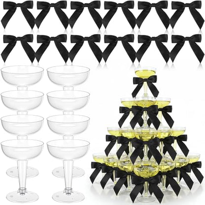 50 Sets Champagne Coupe Cocktail Glasses, 4oz Small Acrylic Martini Glasses with Satin Ribbon Black Bow, Plastic Margarita Martini Cups, Reusable Champagne Cups for Party, Home, Bar, Wedding