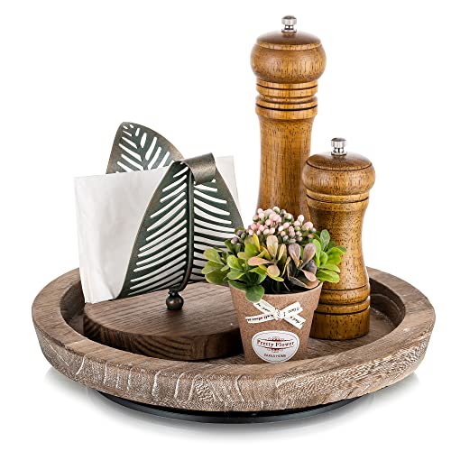 Hanobe Wooden Lazy Susan for Table Centerpiece, Round Serving Tray, 11.2" | Rustic Farmhous Countertop Organizer for Dining Table Kitchen Counter Decor - color: Distressed & Turnable