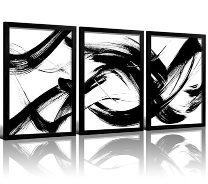 RUURUU 3Pcs Framed Black and White Abstract Canvas Wall Art Modern Minimalist Small Space Wall Decor for Living Room Bedroom Office Brush Stroke Gallery Pictures Posters Prints 12x16 Inches - size: 12x16Inches