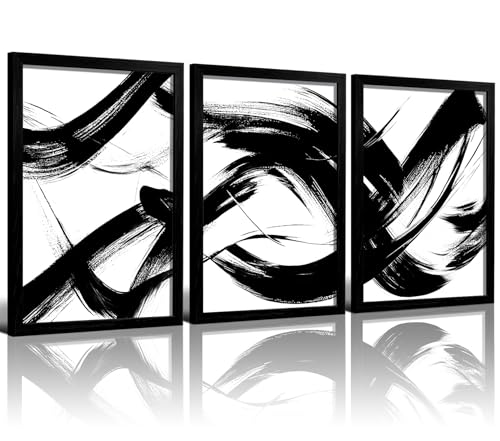 RUURUU 3Pcs Framed Black and White Abstract Canvas Wall Art Modern Minimalist Small Space Wall Decor for Living Room Bedroom Office Brush Stroke Gallery Pictures Posters Prints 12x16 Inches - size: 12x16Inches