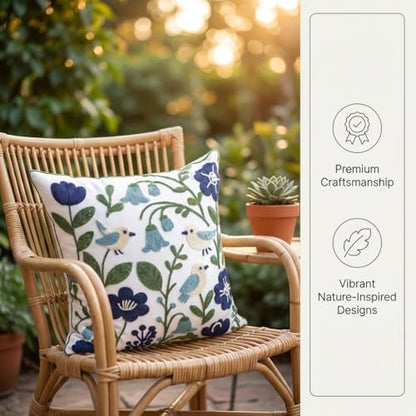 YIcabinet Pack of 2 Throw Pillow Covers, Embroidered Bird Flowers Pattern Throw Pillow Cover,Square Cotton Cushion,Pillow Case for Sofa Bedroom Couch,18"x18" - color: White18
