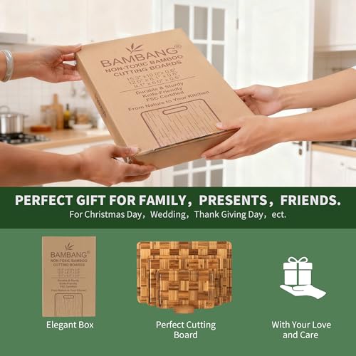 BAMBANG Bamboo Cutting Board for Kitchen with Juice Groove, End-Grain Butcher Block Chopping Boards, Checkered Wooden Cutting Boards Set of 3 with Stand, Knife-Friendly, Serving Tray - color: End Grain