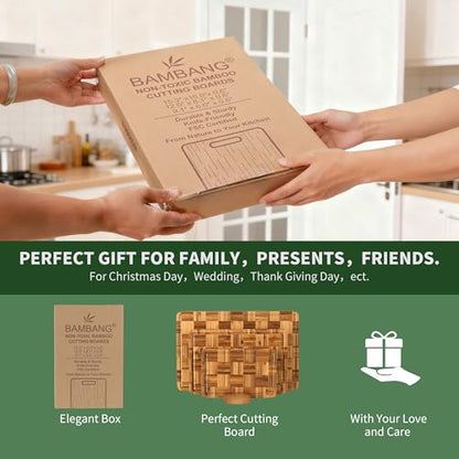 BAMBANG Bamboo Cutting Board for Kitchen with Juice Groove, End-Grain Butcher Block Chopping Boards, Checkered Wooden Cutting Boards Set of 3 with Stand, Knife-Friendly, Serving Tray - color: End Grain