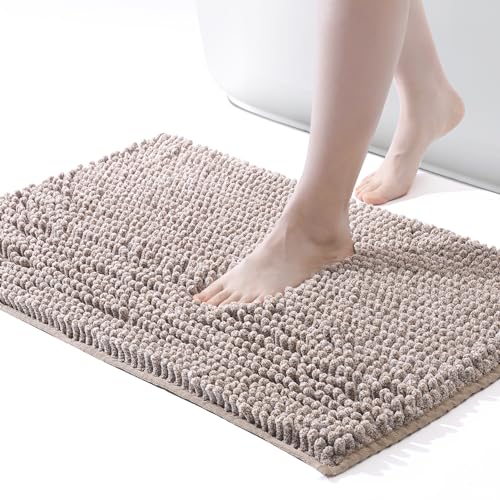 FRESHMINT Chenille Bath Rugs Extra Soft and Absorbent Microfiber Shag Rug, Non-Slip Runner Carpet for Tub Bathroom Shower Mat, Machine-Washable Durable Thick Area Rugs (Taupe + White, 24" x 17") - color: Taupe & White, size: 1'5" x 2' (Rectangular)