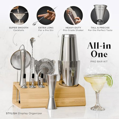 BARE BARREL® Mixology Bartender Kit Bar Set | 14-Piece Cocktail Shaker Set | Martini Barware Mixing Tools for Home Bartending | Incl. 35 Recipe Cards | Gift Set (28oz Boston Shaker, Silver/Natural) - color: Silver/Natural