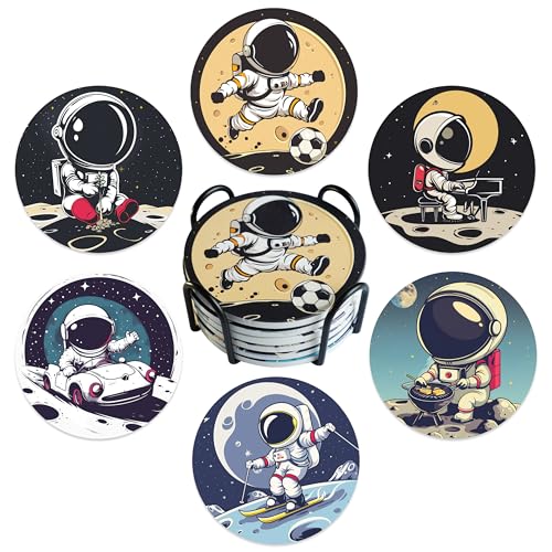 Astronaut Decor Funny Coasters Set of 6 with Cork Base and Holder - Cute Absorbent Round Ceramic Drink Coasters Set for Table Decor, Housewarming Gift for New Home Coffee Bar Decor - color: Astronaut