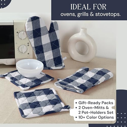 Oven Mitt & Pot Holder Buffalo Plaid Check 100% Cotton Heat Resistant Oven Gloves (7"x13") & Hot Pads (8"x8") Combo for Baking, Cooking - Navy - color: Navy Buffalo Plaid