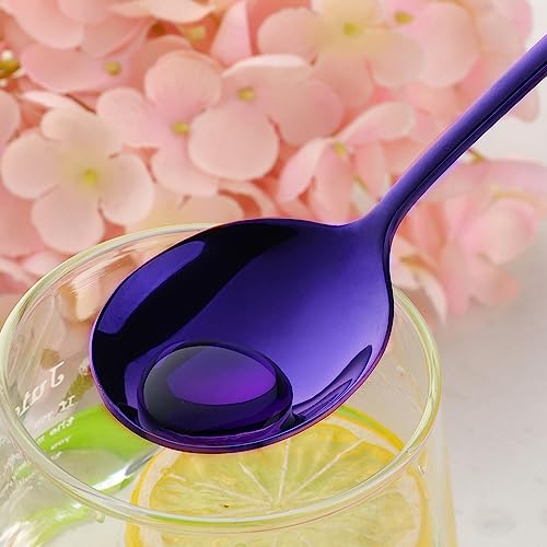 4-Piece Purple Soup Spoons Stainless Steel Bouillion Spoons, 6.88 Inch Round Head, Heavy-Weight Stainless Steel Korean Spoon Set of 4, Rice Spoon Silverware Set - size: 4 pcs Purple