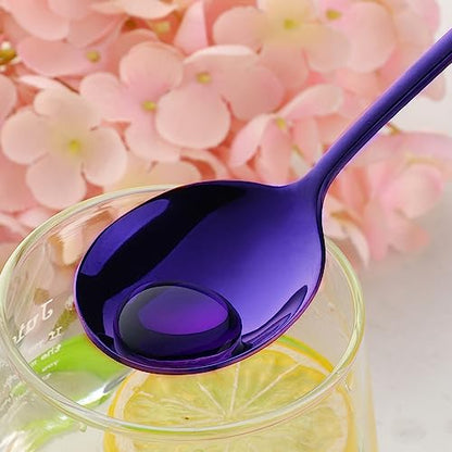 4-Piece Purple Soup Spoons Stainless Steel Bouillion Spoons, 6.88 Inch Round Head, Heavy-Weight Stainless Steel Korean Spoon Set of 4, Rice Spoon Silverware Set - size: 4 pcs Purple