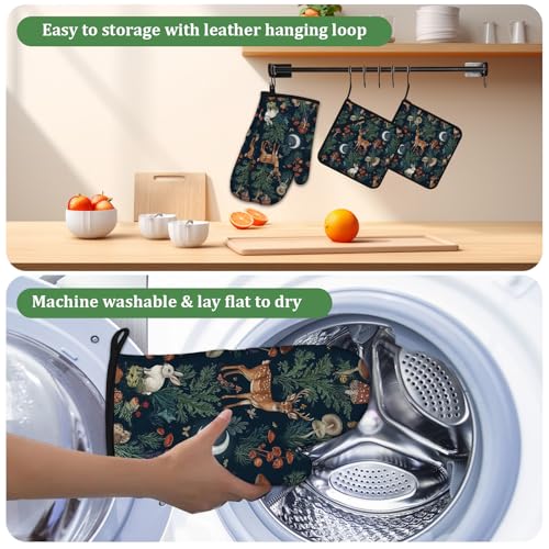 Deer Mushroom Forest Oven Mitts and Pot Holders Sets 4 Pcs Wild Animal Botanical Silicone Kitchen Gloves Heat Resistant Potholders for Baking Grilling BBQ - color: Deer Owl Rabbit