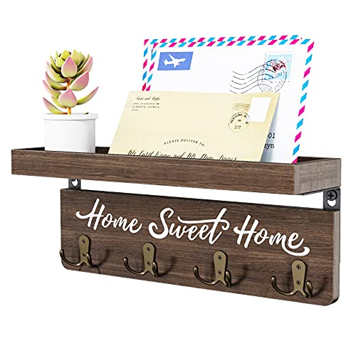 buways Key Holder Wall Mount with 8 Hooks and Cozy Home Sign (Brown) | Solid Wood, Floating Shelf for Keys, Mail, and Daily Essentials in Entryways, Hallways or Home Decor - color: Brown