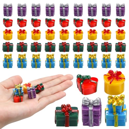 Bucherry 50 Pcs Miniature Gift Boxes Figurines Resin Charms DIY Craft for Garden Accessories Christmas Decoration Phone Case Making(Cute Style) - style: Cute Style