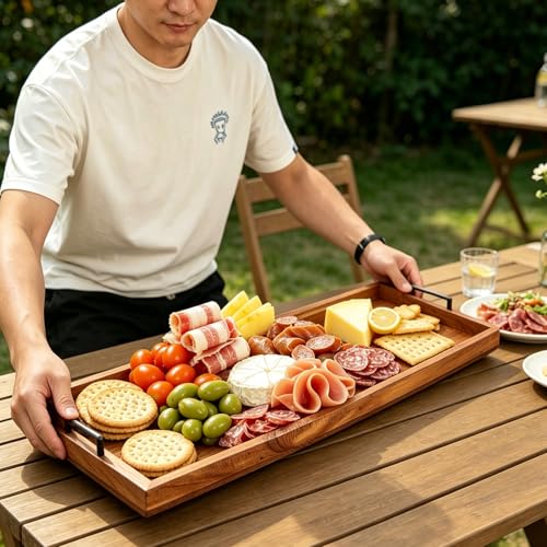 32" Extra Large Foldable Acacia Wood Charcuterie Board with Handles, Oversized Ottoman Tray with 4 Cheese Knives & Knife Holder, Folding Wooden Serving Tray for Cheese, Meat, Fruit, Bread, Kitchen