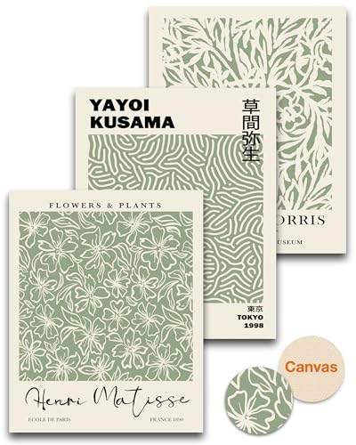 HesenDot Unframed Sage Green Botanical Wall Art Set of 3, 12x16in | Matisse William Morris Yayoi Kusama Poster Decor, Truly Quality Canvas Wall Art Pictures for Bathroom Bedroom Living Room - color: Unframed Sage Green