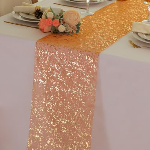 Snowkingdom 2Pcs Burnt Orange Gold Table Runner Fall Thanksgiving Decor | 11 x 108 Inch Roll Glitter metallic foil sheer mesh runner for wedding birthday sunset party and orange table decor - color: Orange Gold Sparkle, size: 9FTx2