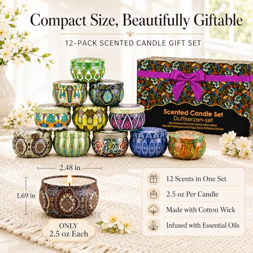 Scented Candles Gift Set, 12 Pack Soy Wax Aromatherapy Candles | 12 Scents, Gift Box Included, Travel Tin Design, Home Fragrance, Relaxation & Self Care, Birthday & Housewarming Gifts - color: Classic Candles-12 Pack